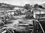 Летний погост пазрецких саамов-колтта на левом берегу р. Паз. 1867 г. Рисунок Автор изображения: J. Friis. Музей Сёр-Варангер 