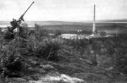 Немецкая зенитная установка на склоне горы Каулатунтури. На заднем плане — территория никелевого завода в пос. Колосйоки. 1943 г. Источник: Autere E., Liede J. Petsamon nikkeli 