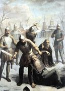Фрагмент картины, изображающей уничтожение древнего Свято-Троицкого Печенгского монастыря отрядом Пекки Везайнена в 1589/90 г. Картина размещалась на одной из стен в Сретенской церкви монастыря. В настоящее время находится в одном из музеев Финляндии. Автор неизвестен Источник: SOKM 
