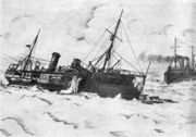 Пароход «Малыгин» во льдах. Фотография с рисунка 1930-х гг. Источник: ШИРИКОВ В. Л. Полвека возле полюса: Сборник воспоминаний ветеранов советских угольных рудников на Шпицбергене. — Мурманск, 1983 